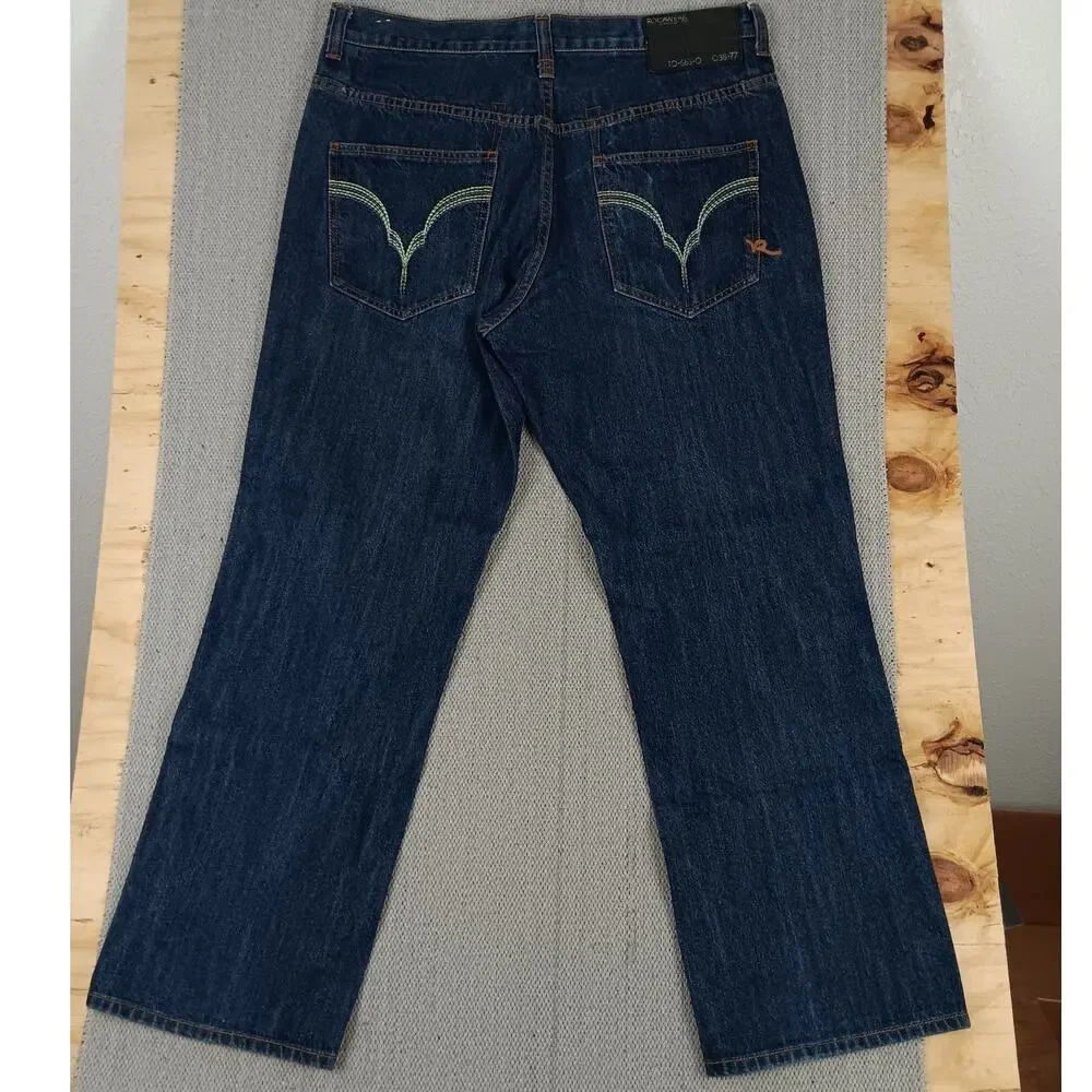 Rocawear Vintage Jeans Mens 38X32 Dark Wash Wide‎ Leg Embroidered Logo Street